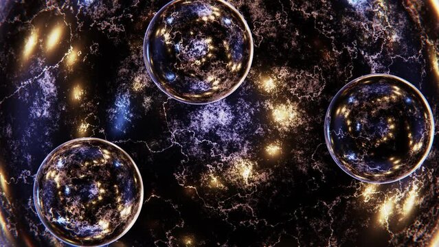 Realistic satisfying looping 3D animation of the black marble or granite sphere with orbital rolling small marble spheres as satellites rendered in UHD as motion background