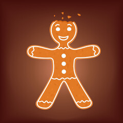 Cartoon gingerbread man with bite missing on head. Funny Christmas cookie vector illustration.