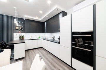 Functional kitchen in black and white with built-in appliances
