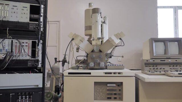 Laboratory Research. Vintage Old Style Computer Machine And Lab Equipment 
