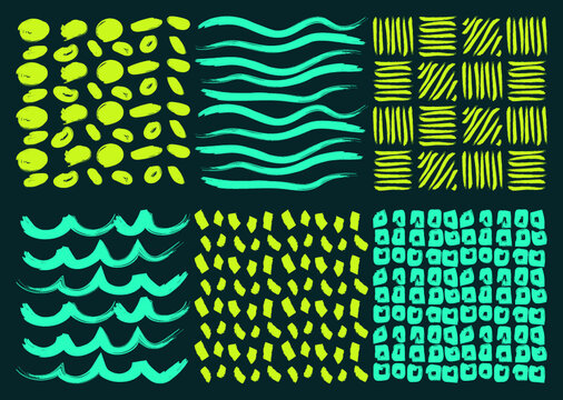 set de lineas tropicales decorativas hechas a mano alzada vector decorativo patrones verdes en fondo verde oscuro manchas de pincel