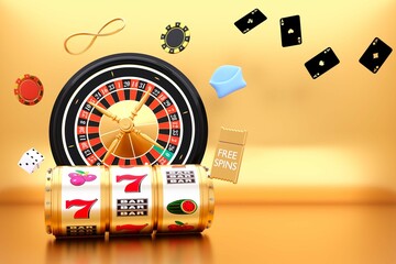 Online casino. 3D slot machine and roulette wheel on gold background. Flying chips, ace play cards...