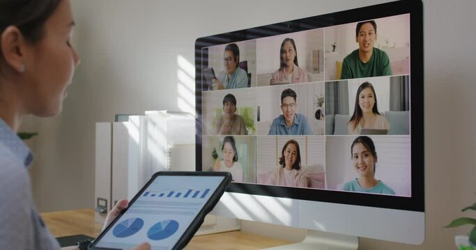 Happy smile asia young talent woman learn mba college class on webcam video call in desktop screen with cowork friend workforce group talk in sale report. Smart job work at home for staff workspace.