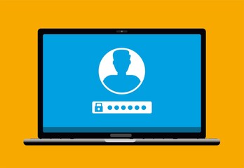 laptop computer with padlock and password security access or verification code notification, flat vector illustration