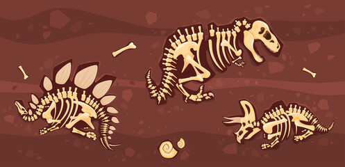 Layer of earth with fossil bones. Archaeological excavations of dinosaur fossils. Studies of ancient animals. Vector illustration on a white background.
