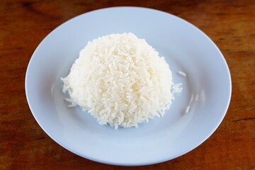 cooked rice in a blue plate ready to eat