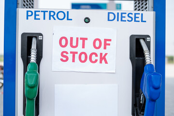Out of stock sign board on petrol bunk due to economic crisies - concept of fuel shortage