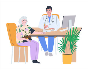 Elderly woman at the doctor's office. A woman's blood pressure is being measured. Flat vector illustration. Eps10