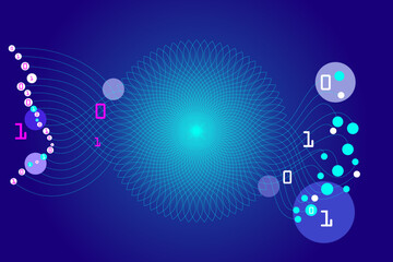 Binary code with blue background. Big data background with colorful circles. Network connection with big data. Abstract wire-frame background.