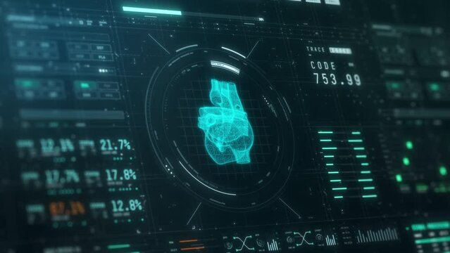 futuristic software interface for medical and scientific purpose, patient monitoring software, human heart scanner (3d software)
