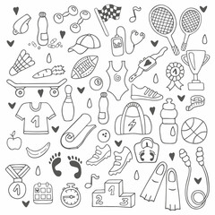 Hand-drawn set of sport lifestyle icons. In doodle style, black outline isolated on a white background. Cute element for card, social media banner, sticker, print, design. Vector illustration