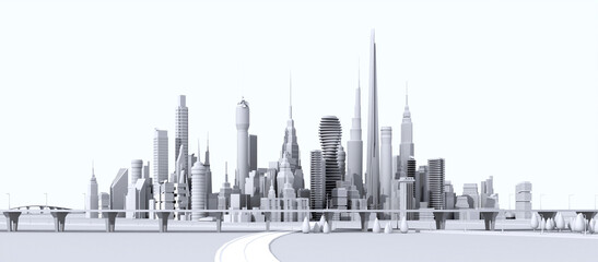 Transportation concept. Panoramic view of city 3D model, roads and highway junctions. Modern city with skyscrapers, office buildings and residential blocks. 3D rendering illustration