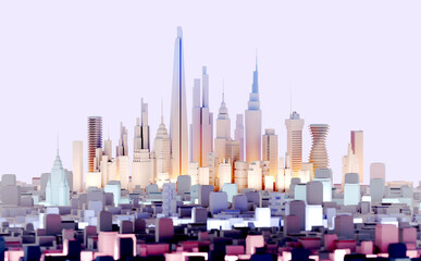 Beautiful panoramic view of city 3D model. Modern city with skyscrapers, office buildings and residential blocks. 3D rendering illustration