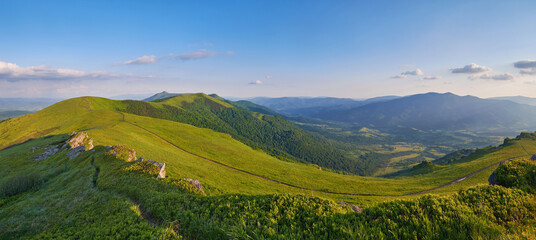 Serene summer mountain landscape in the Carpathians. Dirt road among green hills