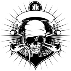 Vector illustration pirate sign skull with bandana with crossed bones and anchor