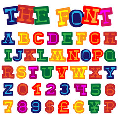 Multicolored vector cartoon font. English letters and numbers for holiday design.
