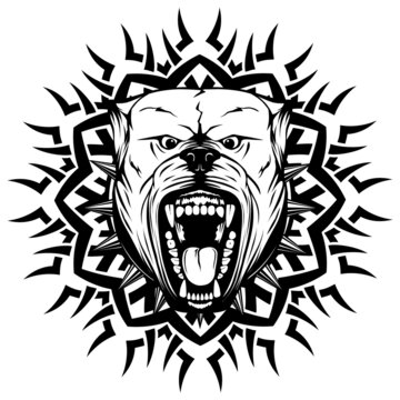 Abstract vector black and white illustration portrait of aggressive dogs on round pattern. Head of dog breed pit bull with open mouth and collar with spikes.