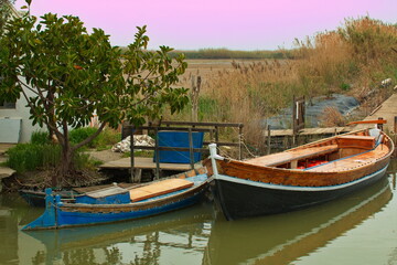 Fototapeta na wymiar Wooden boats in El Palmar in Natural Park Albufera de Valencia,Spain,Europe 