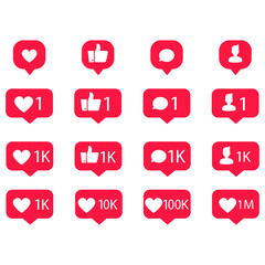 pink icon marks the number of likes subscribers messages in social networks one like one subscriber one comment thousand likes a thousand subscribers ten million likes vector graphics eps10