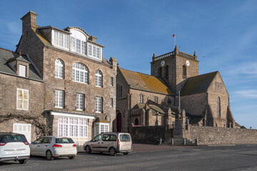 Architecture of the church and town of Barfleur in Normandy, France
