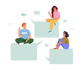 Internet communication and chatting concept. Social media and network technology. Young smiling people, girls and boy friends sitting on speech bubbles greeting each other online vector illustration