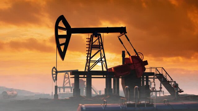 Oil pump, oil industry equipment, drilling derricks silhouettes from oil field silhouette at sunset. Energy supply crisis. 3D rendering animation