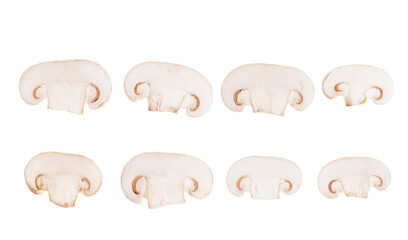 set of cut champignons isolated on white background