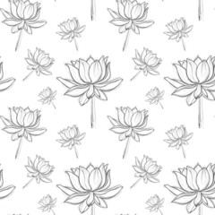 Fototapeta na wymiar Seamless pattern with the image of a lotus with black lines. Minimalist floral pattern. Patterns for textiles, bedding, fabrics, wallpaper. Print for wrapping paper.