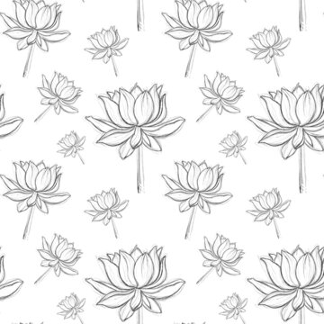Seamless pattern with the image of a lotus with black lines. Minimalist floral pattern. Patterns for textiles, bedding, fabrics, wallpaper. Print for wrapping paper.