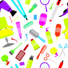 Colorful hair styling tools kit collection seamless pattern. Accessories, shampoo, comb, hair curler, hairdryer, hair straightener, hairbrush, hairspray, mirror, hairpins ecc.	