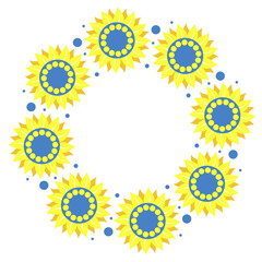 Round frame with blooming sunflowers. Napkin-postcard in yellow-blue colors, color of Ukrainian flag. Vector illustration. Ukrainian pattern in for decor, design, print and napkins