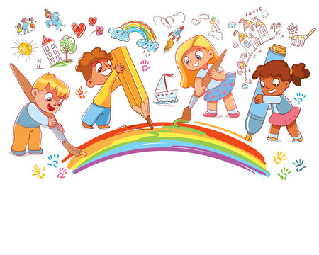 Group of little children draw rainbow together with large school supplies. Colorful cartoon characters. Funny vector illustration. Template for design. Isolated on white background