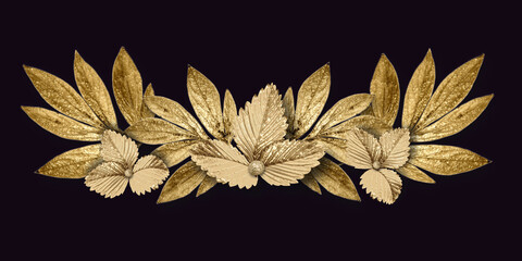 Decorative element made of leaves with golden texture. 3D image - obrazy, fototapety, plakaty