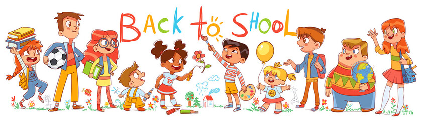 Group of children of different ages and nationalities draw doodles. Write text Back to school. Colorful cartoon characters. Funny vector illustration. Isolated on white background. Seamless panorama
