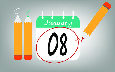 Calendar day 8 january green. calendar page circled with various colored pencils white and red