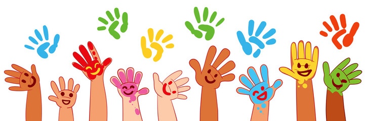 Fototapeta Kids hands in colorful paint with smiles. Colorful cartoon characters. Funny vector illustration. Panoramic banner. Isolated on white background obraz