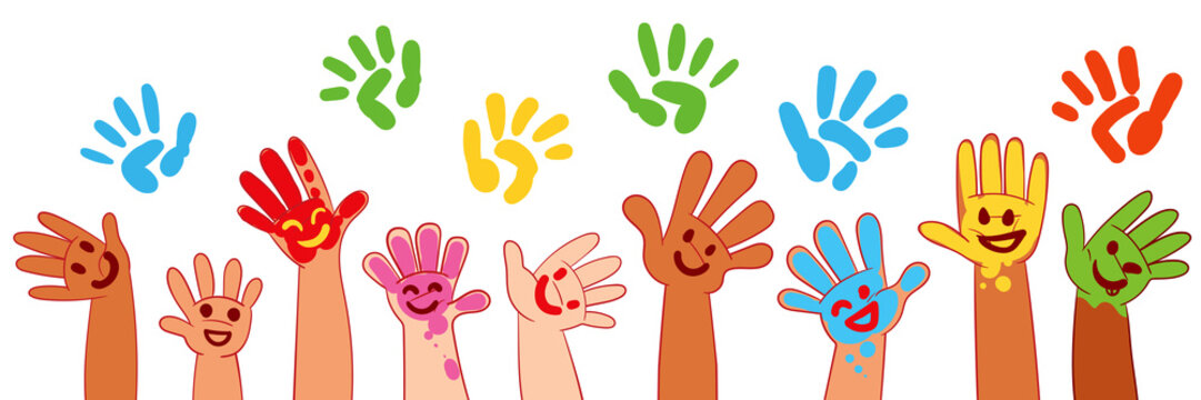 Kids hands in colorful paint with smiles. Colorful cartoon characters. Funny vector illustration. Panoramic banner. Isolated on white background