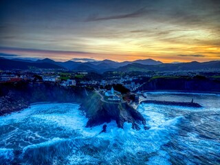 Aerial view with drone of Luarca in Asturias at sunset. Spain