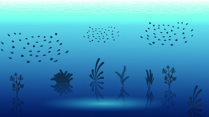 Fototapeta na wymiar Abstract Blue Underwater Ocean Sea Nature Background Vector With Fishes And Shadows Seaweed Vector Design Style