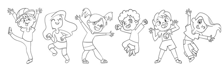 Jumping, grimacing and dancing children. Cartoon characters. Black and white. Funny vector illustration. Isolated on white background. Seamless panorama. Set - obrazy, fototapety, plakaty