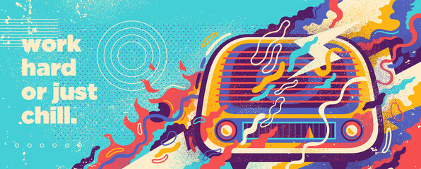 Abstract lifestyle background design with retro radio and colorful splashing shapes. Vector illustration.