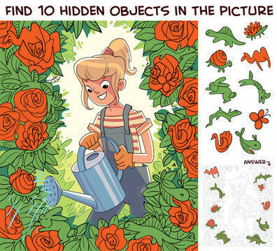 Girl in the garden watering roses from a watering can. Gardener in the garden. Find 10 hidden objects in the picture. Puzzle Hidden Items. Funny cartoon character. Vector illustration. Set