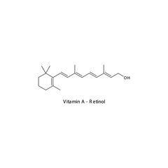 Retinol Skeletal structure and molecular formula. Organic biomolecule, isolated vector illustration