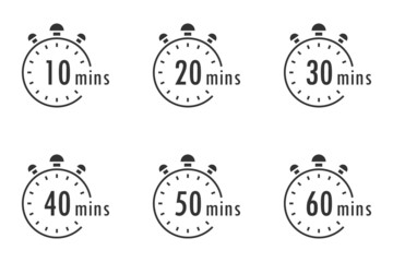 Set of timer. Stopwatch icons. Countdown 10.20,30,40,50,60 minutes. Stopwatch sign set. Vector illustration.