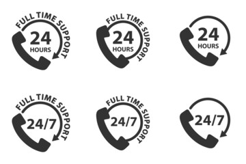 Telephone 24 hours support icon. Set of all-day customer support call-center icons. Full time call services. Vector illustration.