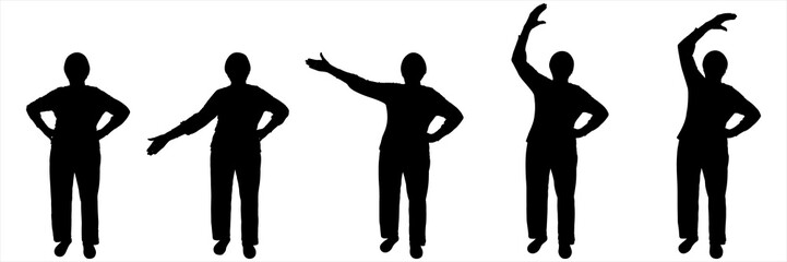 Hand charger. The woman keeps her hands on her belt, slowly raises one hand up, the other remains on her belt. Sport. Charging for an older person. Front view. Black silhouettes isolated on white.