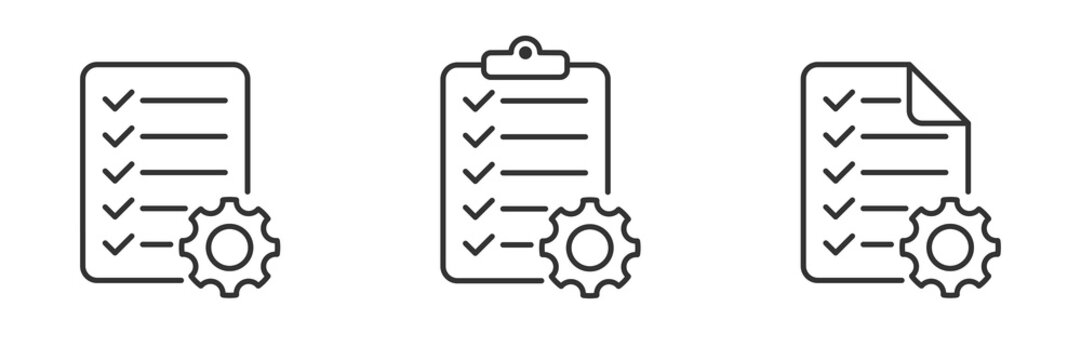 Technical check list. Clipboard add gear icon set. Technical support check list with cog. Management business concept. Vector illustration.