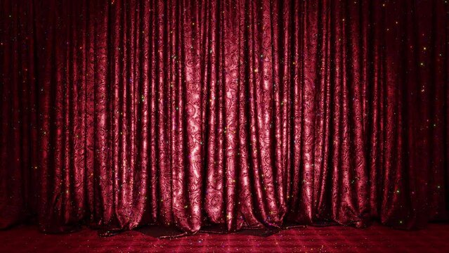 Realistic 3D animation of the stylish and fancy red metallic shining textured stage curtain with red silk carpet floor and colorful glittering sequins rendered in UHD with alpha matte