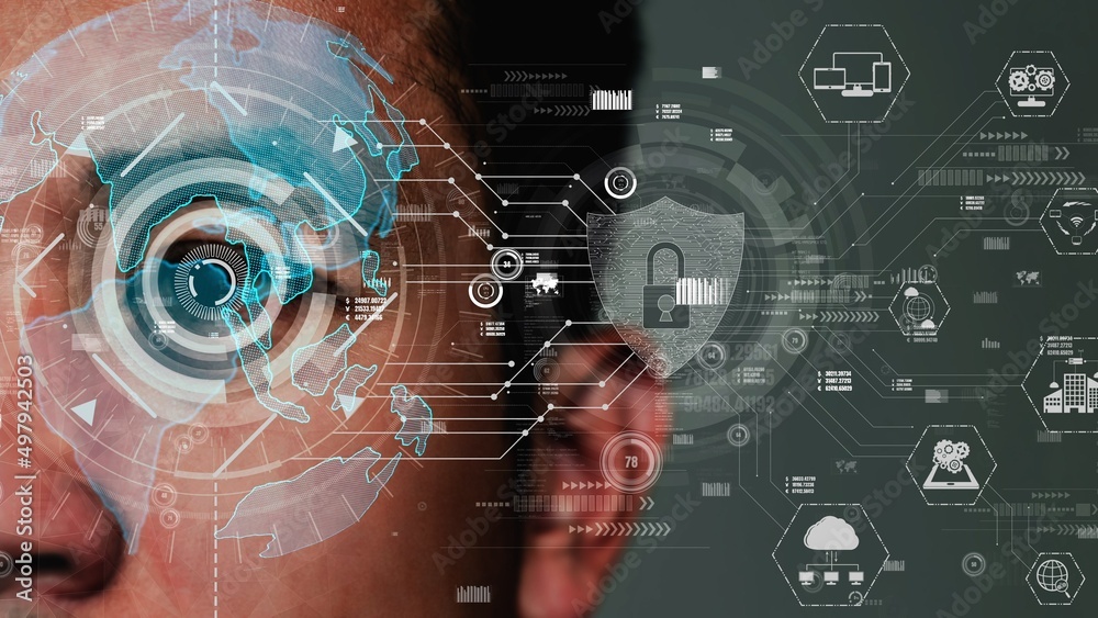 Poster cyber security encryption technology to protect data privacy conceptual . 3d render computer graphic