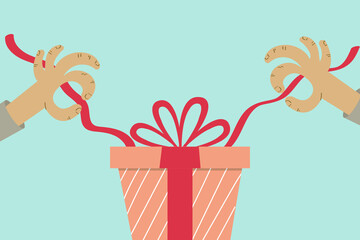 A pair of human hands unwrapping a present. Birthday greeting card, banner, poster, postcard template.